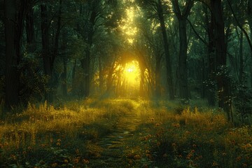 Fototapeta premium Sunbeams Illuminate a Path Through a Mystical Forest