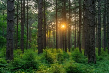 Obraz premium Sunlight streams through the canopy of a dense pine forest illuminating the forest floor with golden
