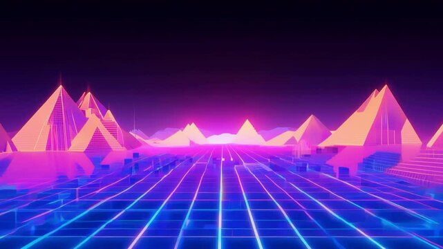 A colorful animated and pixelated background like in an 80s computer game.