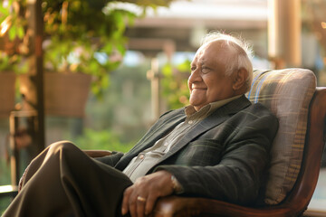 Fototapeta premium Elderly Man Relaxing in Chair Enjoying Nature in Bright Sunlight