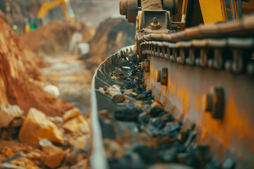 Close up of Excavator Tracks and Conveyor Belt in Construction Site