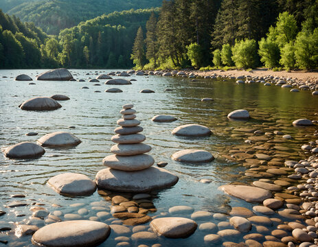 Tranquil River Landscape with Balanced Stone Stacks and Forest Background