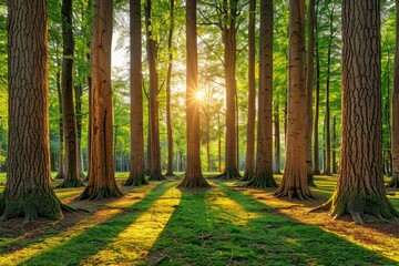 Sunbeams illuminate a path through a dense forest casting golden light on the mossy ground