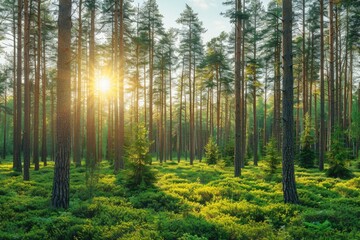 Obraz premium Sunlight filtering through tall pine trees in a lush green forest casting golden rays on the ground