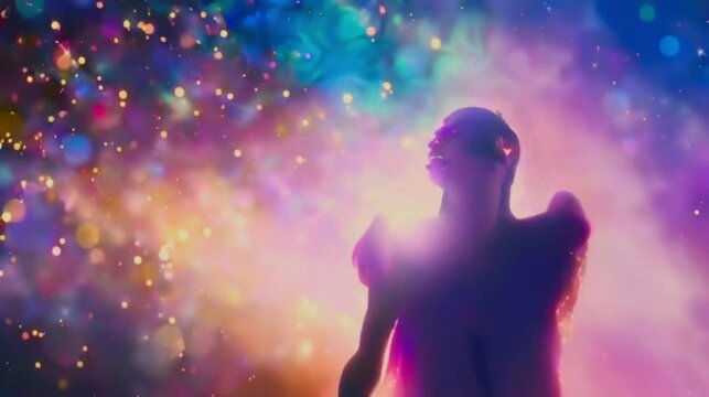 Angel Wings Silhouette with Bokeh and Glow Effect. A digital illustration depicting an angel with wings silhouetted against a  background with bokeh and glow effect. Seamless video . Generated with AI