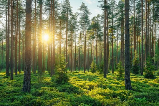 Sunlight filtering through tall pine trees in a lush green forest casting golden rays on the ground