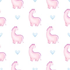 Seamless pattern dinosaurs. Print baby shower.Girl and boy, watercolor print. 