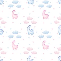Seamless pattern dinosaurs. Print baby shower.Girl and boy, watercolor print. 