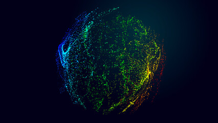 Collection of bright dots on a dark background. Abstract sound wave of particles. Data network. 3D rendering.