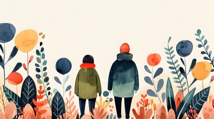 A painting of two people walking through a field of flowers