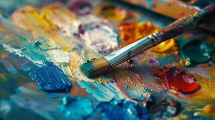 Fototapeta premium Paintbrush Blending Multicolored Oil Paint on an Artist's Palette in a Creative Studio Environment