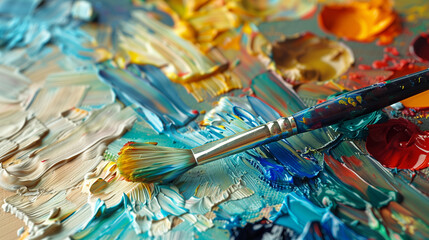 Obraz premium Paintbrush Creating Textured Strokes of Oil Paint on a Colorful Palette in an Artistic Studio Setting
