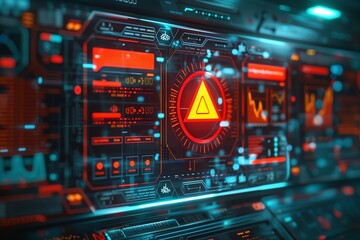 Naklejka premium A digital dashboard with a prominent red warning alert, symbolizing a system error or critical notification, set against a futuristic background