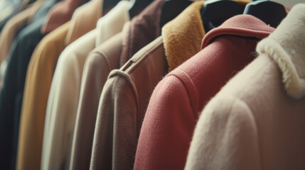 Obraz premium A diverse array of jackets in various earthy tones and textures lined up, showcasing an organized and aesthetically pleasing wardrobe.