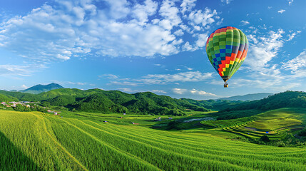 Fototapeta premium A hot air balloon flies over a beautiful panoramic landscape. A hot air balloon flying over green fields with mountains and blue sky in the background. Travel and nature background