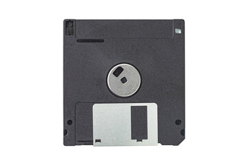 Top view of old data storage technology black floppy disk isolated on white background with...