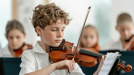 Portrait of a young student playing the violin in a classroom setting