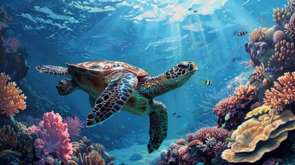 Fototapeta premium Majestic Sea Turtle Gliding Over Vibrant Coral Garden in Crystal Clear Waters