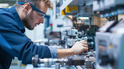 An engineer in deep concentration fine-tunes a machine part with tools, amidst a sophisticated array of industrial equipment.