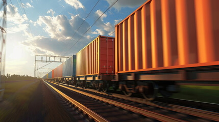 Fototapeta premium A cargo train speeds along tracks, casting long shadows as the sun sets, capturing the intensity and urgency of global trade and transportation.