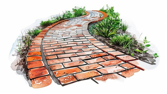 Curved brick pathway illustration with greenery on both sides. A charming garden walkway design ideal for landscape architecture projects.