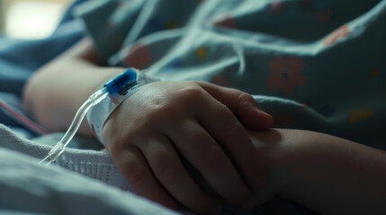 A patient&rsquo;s hand with an IV catheter, clasped in a gentle hold, lying on a hospital bed, suggesting comfort and support.