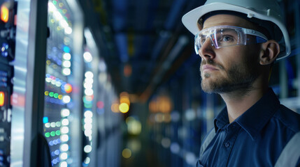 A focused technician in safety gear, inspects a server rack in a dimly lit data center, surrounded by glowing lights and complex machinery.