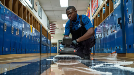 School janitor cleaning hallway floor with machine polisher