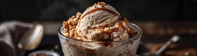 Delicious bowl of creamy chocolate ice cream topped with nuts and drizzled with chocolate syrup, perfect dessert on a dark background.