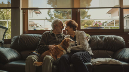 An elderly couple sitting on a cozy sofa, embracing each other lovingly with their pet dog nestled contentedly between them.