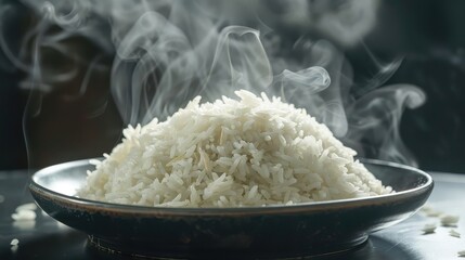 Plate of steaming hot rice. AI generated.
