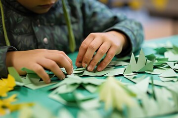 Obraz premium A close-up of a students hands carefully cutting paper shapes for a craft project