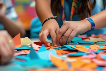 Obraz premium A close-up of a students hands carefully cutting paper shapes for a craft project