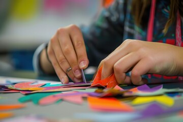 Obraz premium A close-up of a students hands carefully cutting paper shapes for a craft project