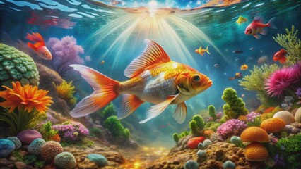 Fototapeta premium A serene underwater scene captures a goldfish swimming triumphantly towards a spacious luxurious aquarium with vibrant aquatic plants.