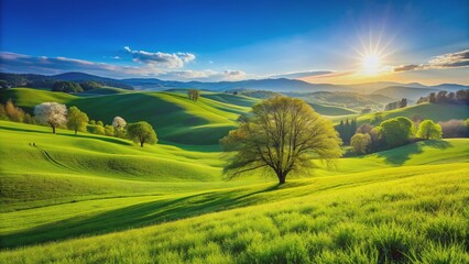 Fototapeta premium Serene and vibrant scene of lush green grass with gentle rolling hills under a brilliant blue cloudless sky on spring morning.