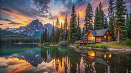 Fototapeta premium Serene isolated cabin on tranquil lake shore surrounded by towering trees and majestic mountain, bathed in warm sunset colors and starry night sky.