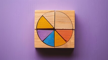 Wooden blocks forming a colorful pie chart on a purple background