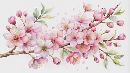 Obraz premium Delicate, soft focus, whimsical, light pink and white cherry blossoms scattered across a pristine, crisp, clean white background.