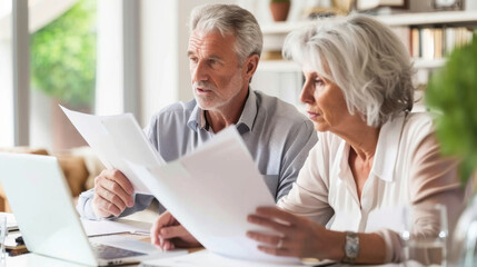 Obraz premium An elderly couple attentively goes through documents at a bright home office, cross-referencing with a laptop for accurate information.