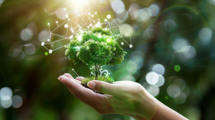 A hand gently cradling a small tree with a digital ecosystem, illustrating the fusion of nature and technology.