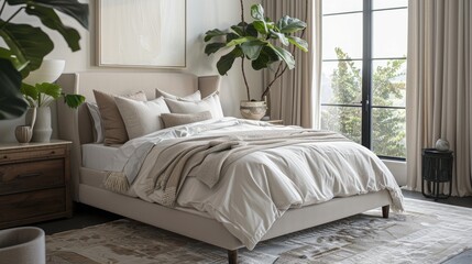 A bedroom with a modern platform bed