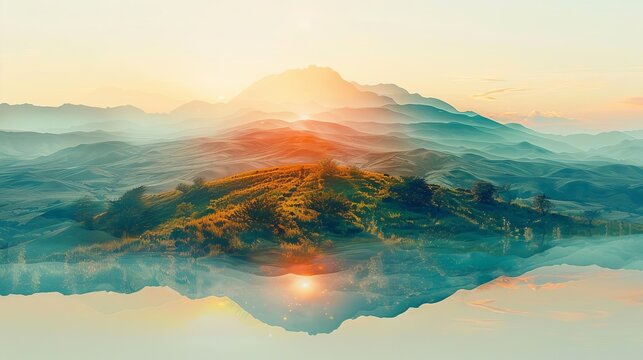 double exposure mysterious binary twilights octane render rolling hills landscape