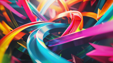 A chaotic swirl of colorful arrows in motion, creating an illusion of a swirling vortex with bright and vivid hues.