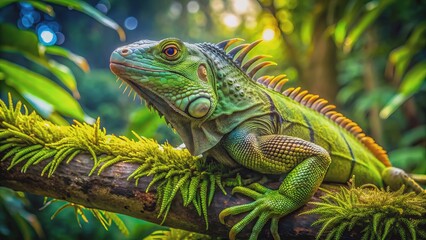 Fototapeta premium A vibrant green iguana perches regally on a moss-covered tree branch, basking in warm sunlight amidst lush tropical foliage surroundings.