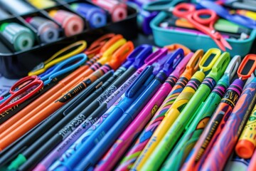 A close-up of colorful school supplies like crayons, markers, scissors, and glue sticks arranged on a table.