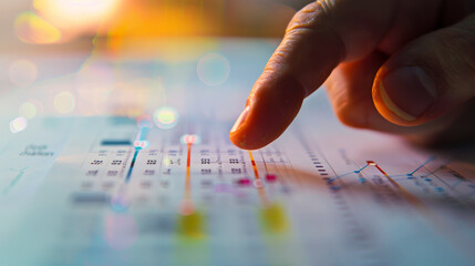 Index finger tracing data points on a complex graph, highlighting detailed data analysis and strategic planning.