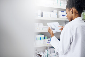Woman, online or tablet with screen in pharmacy for stock inspection, report for medicine...