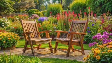 Here is a 20-word description for a stock photo of a watercolor painting depicting two empty chairs in a serene, idyllic outdoor setting.