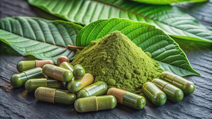 Arrangement of natural Kratom powder, fresh green leaves, and capsules on a minimalist background, highlighting alternative medicinal properties.